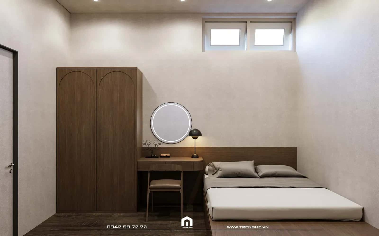 Phòng ngủ mang phong cách mộc mạc, với đầy đủ các tiện ích cơ bản