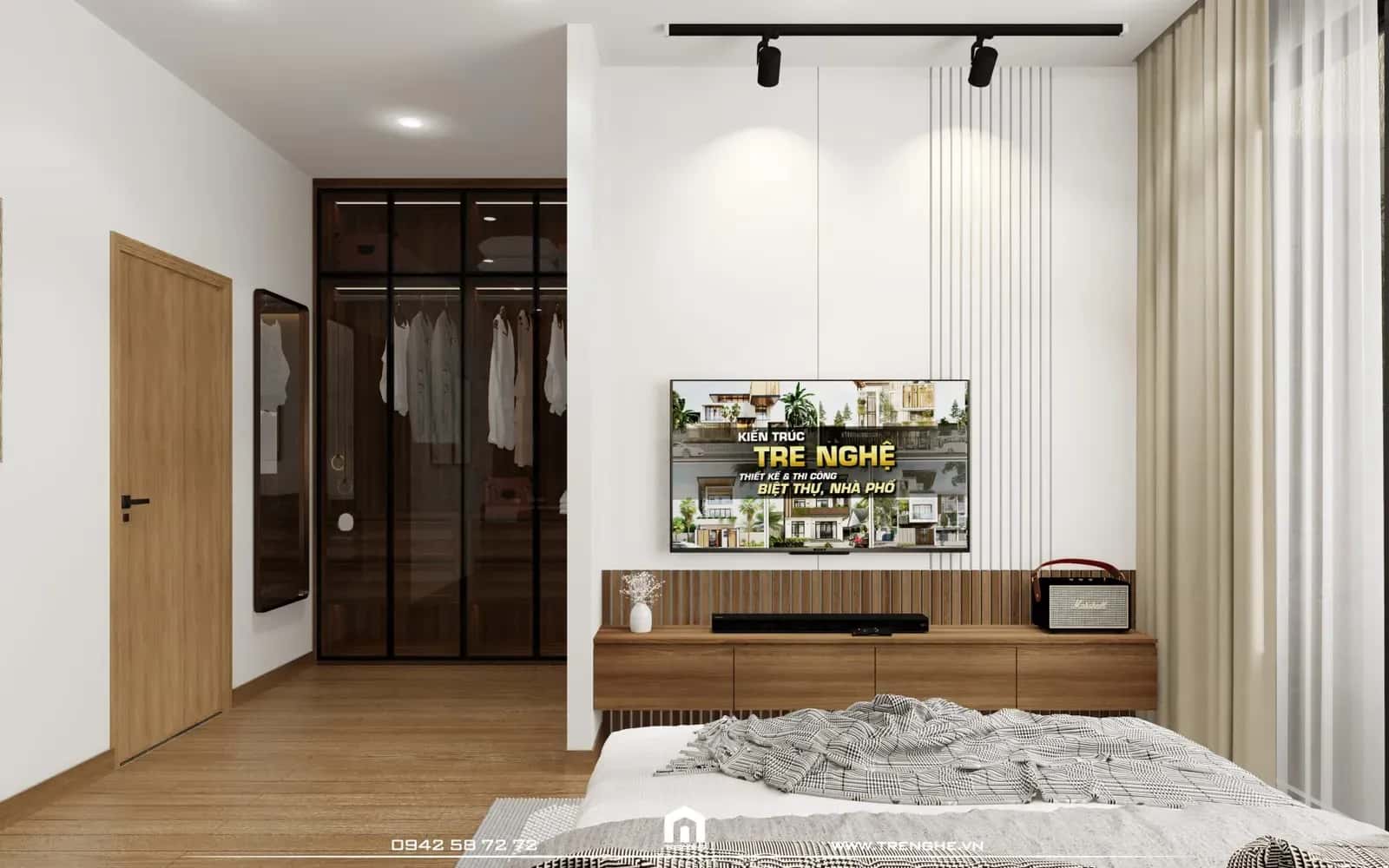 Tre Nghệ kết hợp gam màu trắng và nâu gỗ cho phòng ngủ V’ House