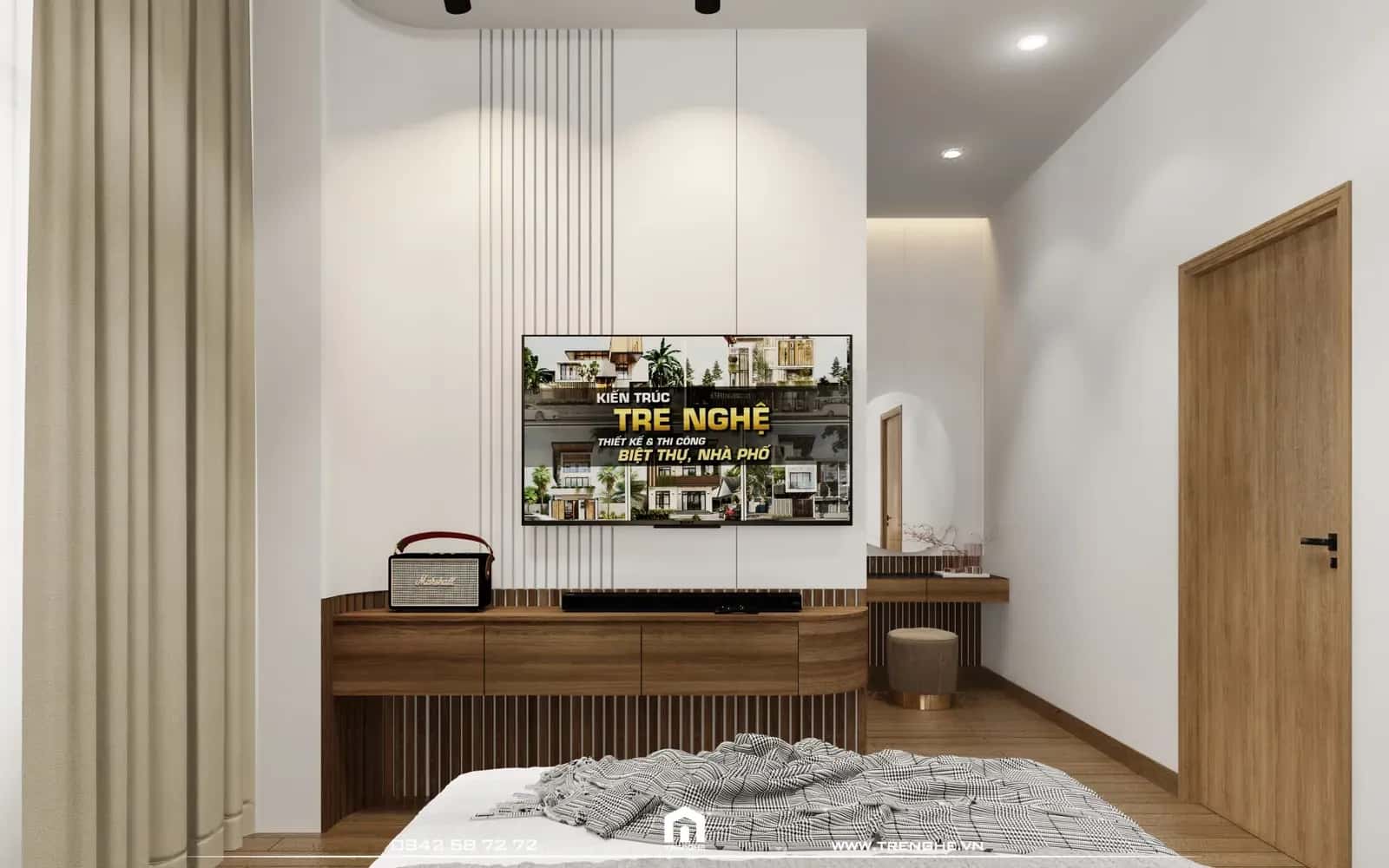 Phần vách được thiết kế hệ lam kết hợp tấm vật liệu phủ acrylic tại phòng ngủ V’ House