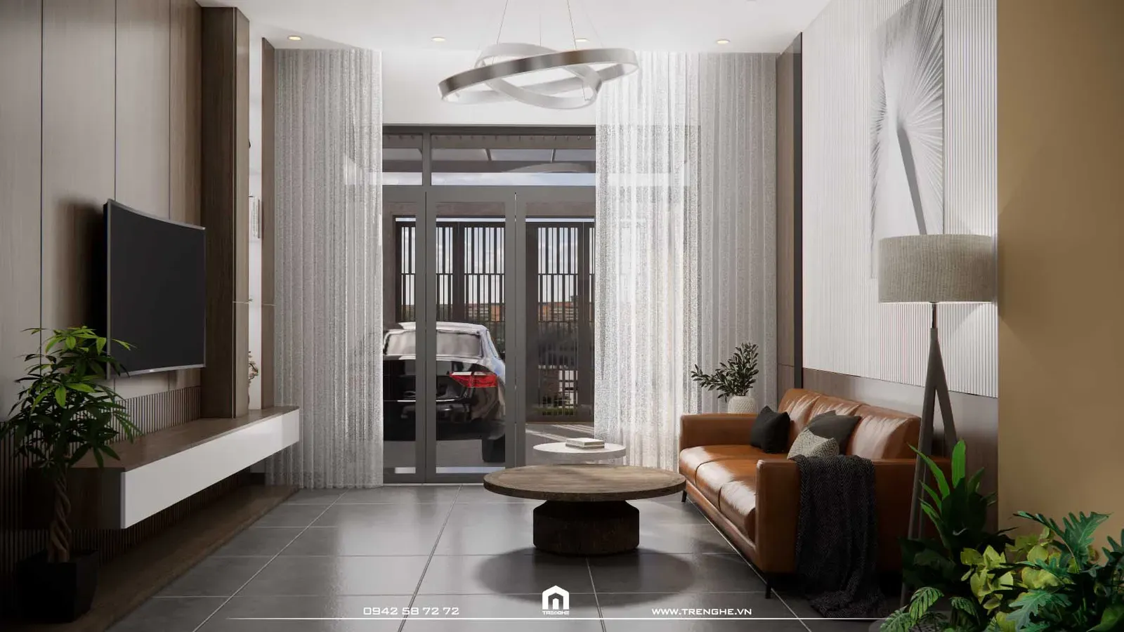 Phòng khách nhà phố Q’ House sử dụng gam màu xám – nâu làm chủ đạo