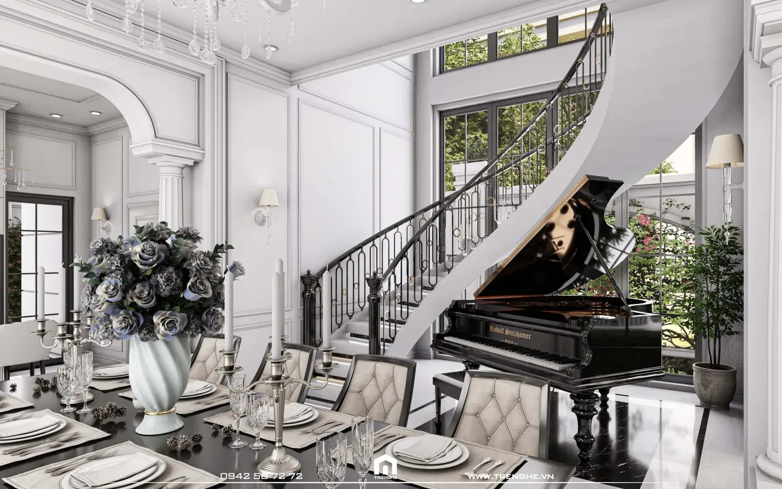 Bên cạnh bàn ăn của căn BA‘ Villa là cầu thang kết nối đến tầng 1