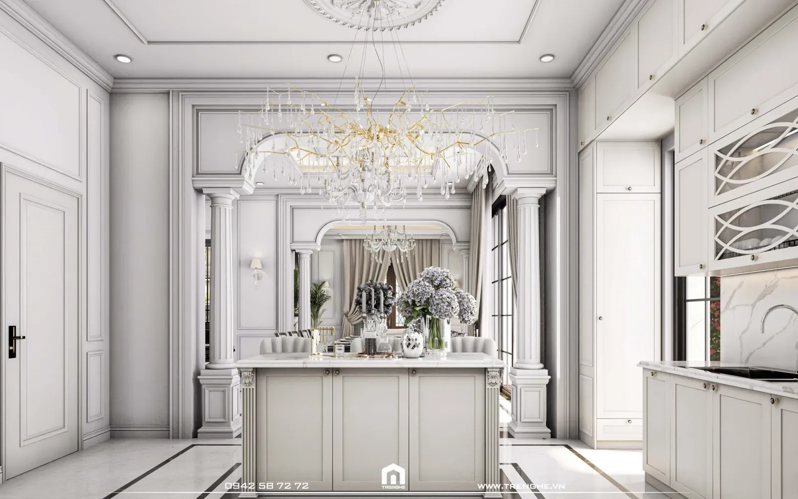Căn bếp biệt thự BA‘ Villa được lắp đặt chiếc đèn có chùm thiết kế ấn tượng