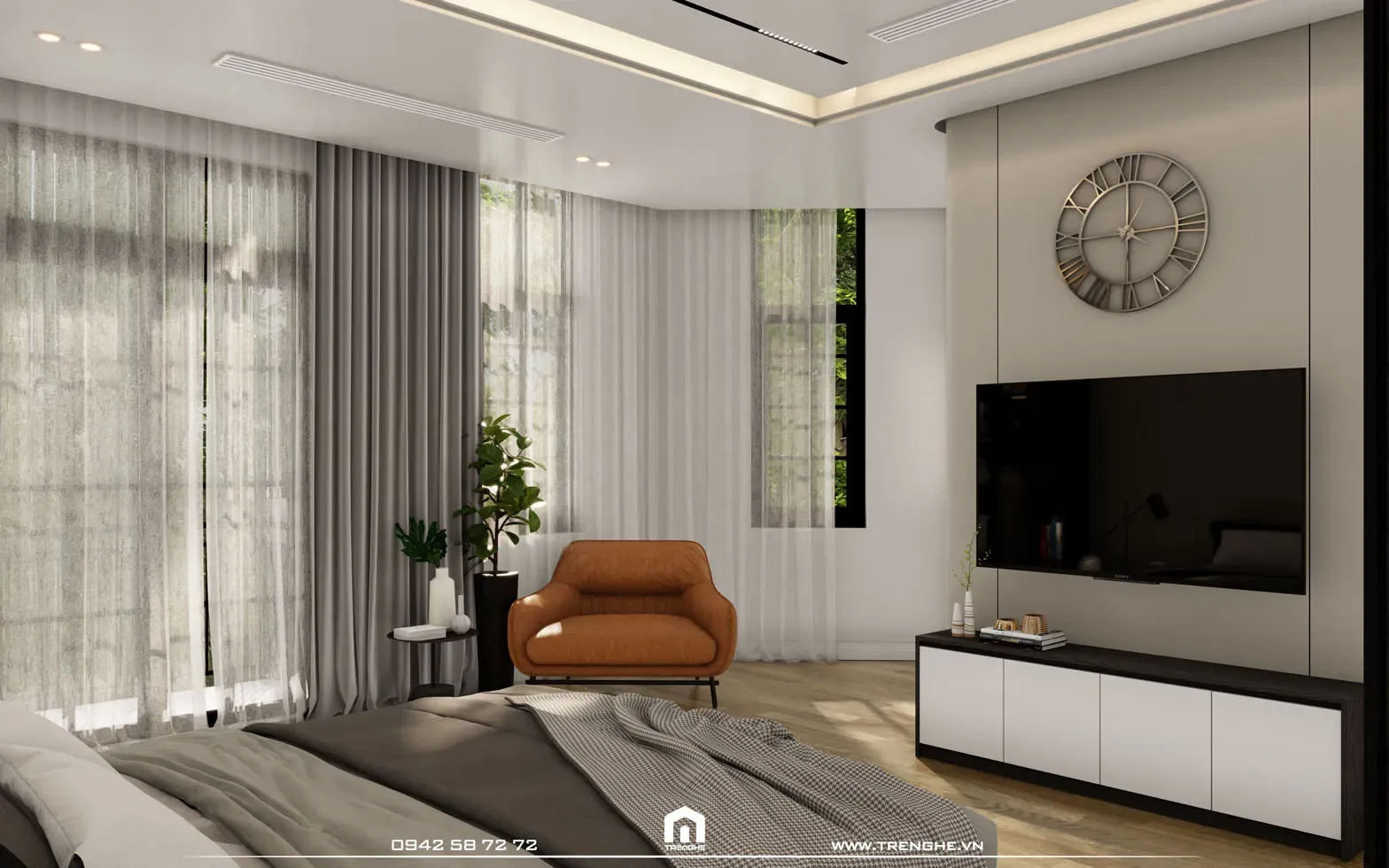 Phòng ngủ hiện đại kết hợp trang trí cây xanh và tranh treo tường