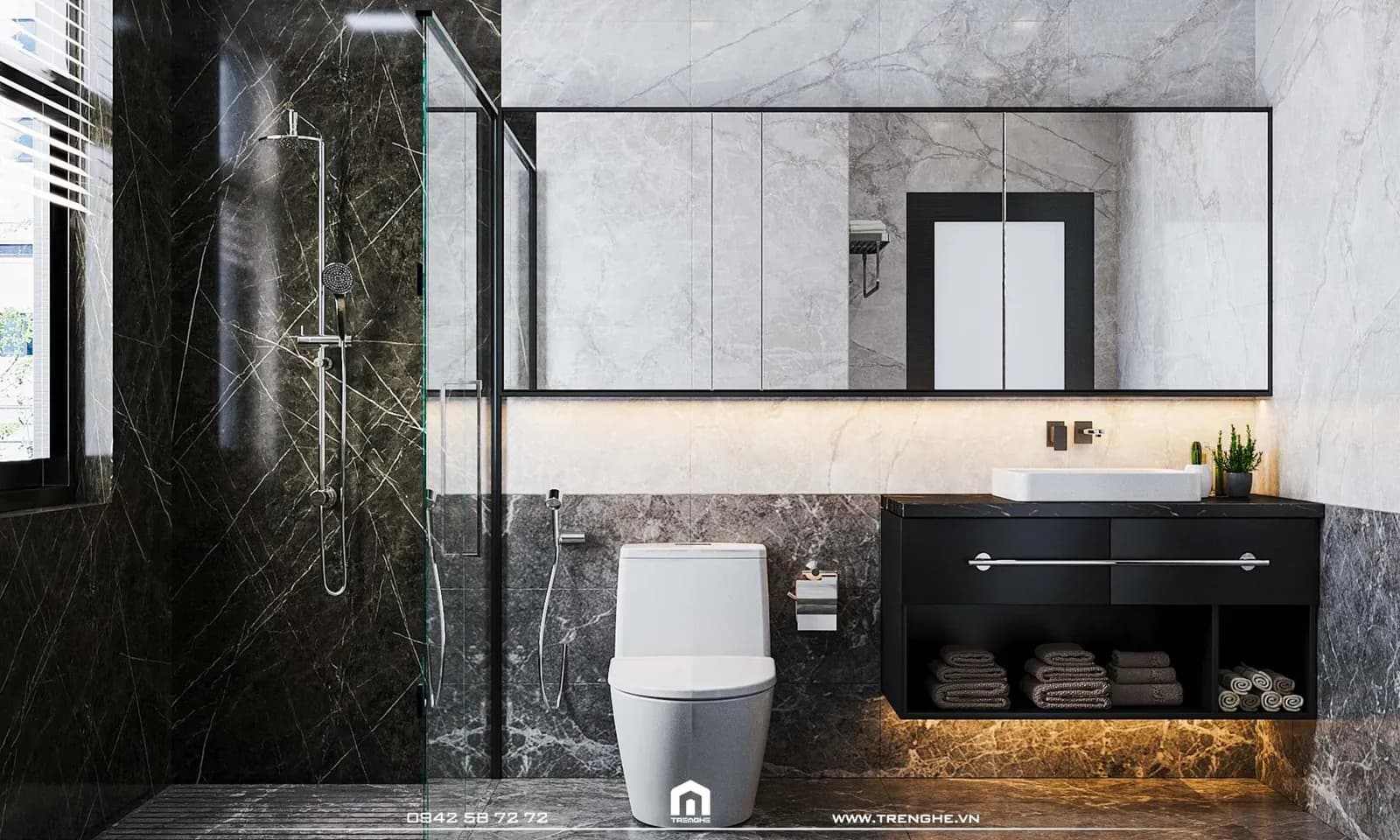 Phòng tắm phụ L’ Villa được ốp gạch chống trượt cho phần tường và sàn