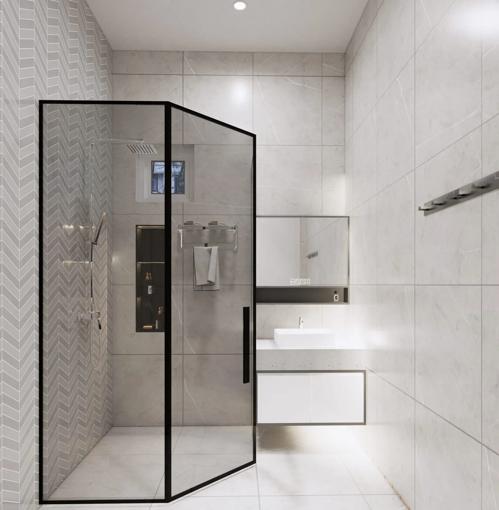 Hệ tủ kệ lavabo treo tường kết hợp đèn hắt giúp nâng tầm không gian như khách sạn cao cấp