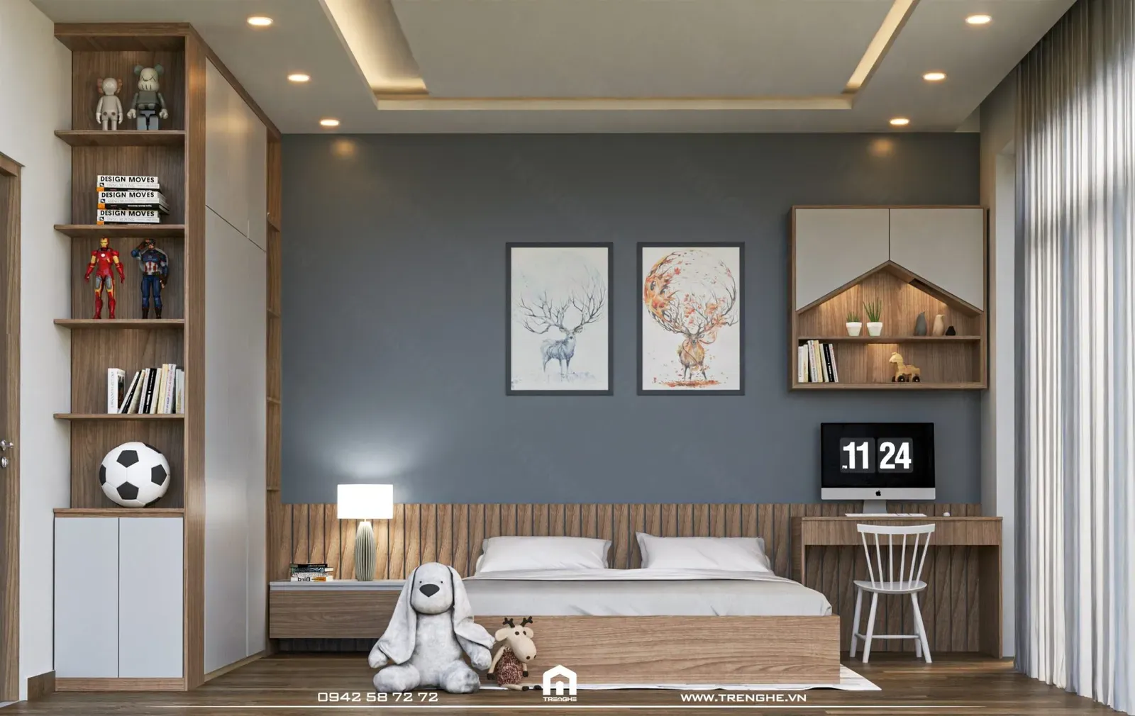 Phòng ngủ dành cho bé trai của gia chủ với gam màu xanh lam