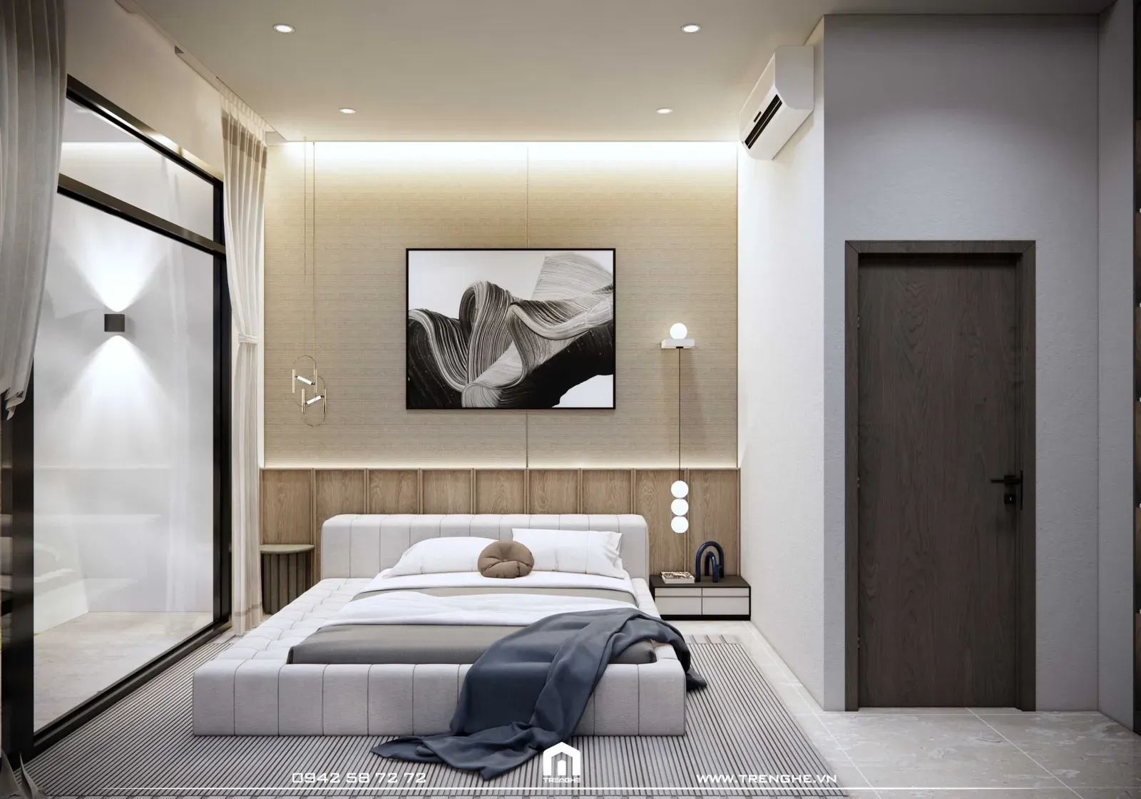 Một chiếc giường bọc vải ấm cúng được Tre Nghệ bố trí trong phòng ngủ D’ House
