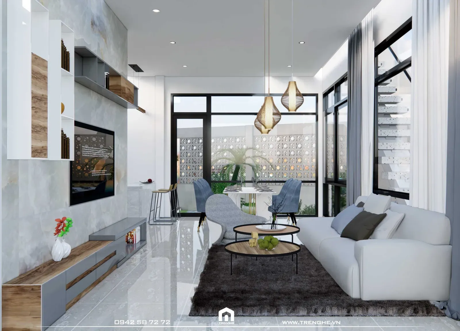 Không gian phòng khách nhà phố D’ House được lượt giản số lượng nội thất