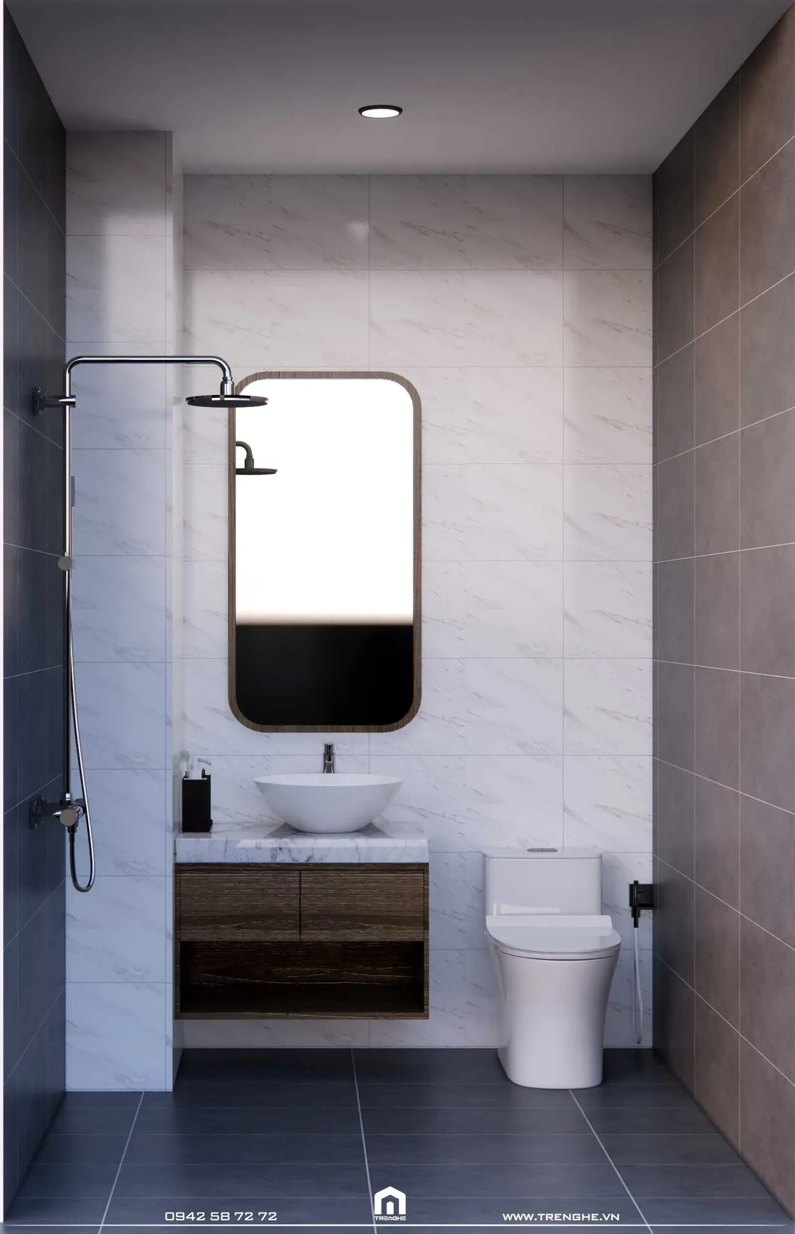 Tường nhà vệ sinh D’ House ốp gạch bông tối màu tạo cảm giác sang trọng