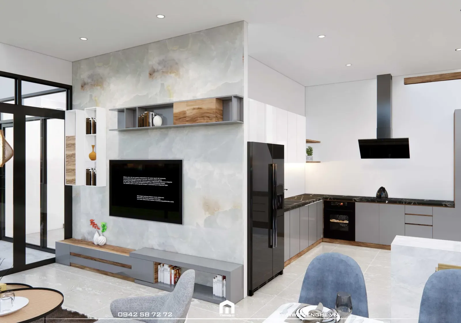 Gian bếp nhà phố D’ House được lắp hệ tủ trên và dưới