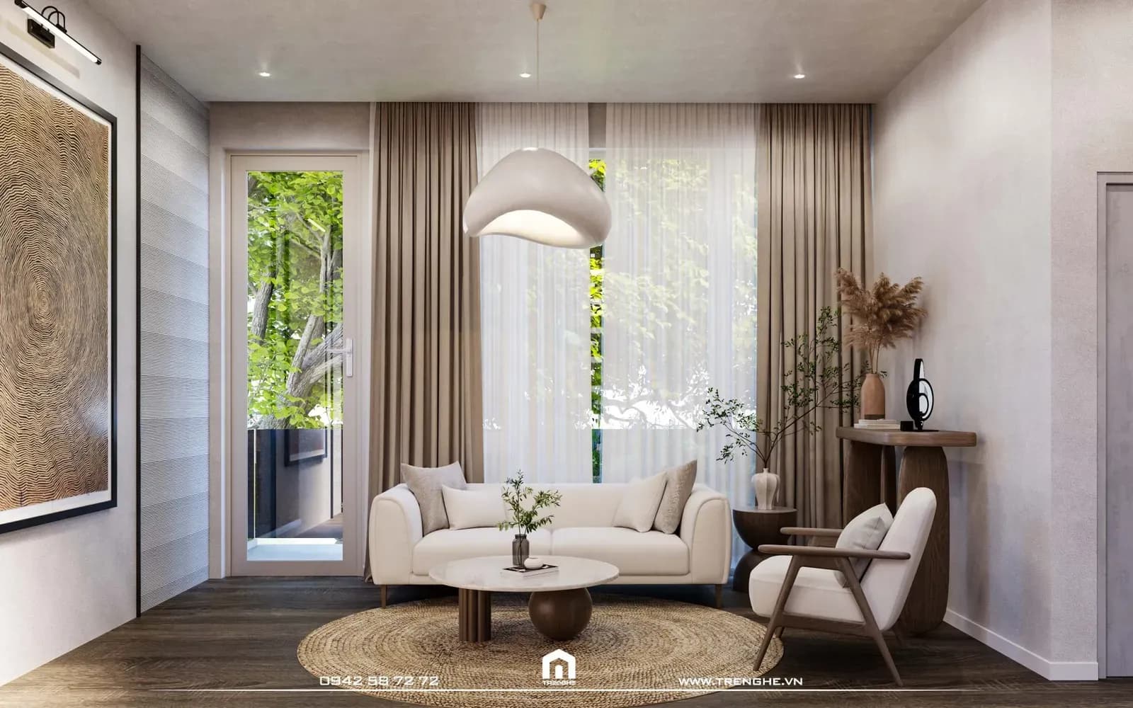 Bộ sofa gam màu trung tính được đặt giữa phòng khách