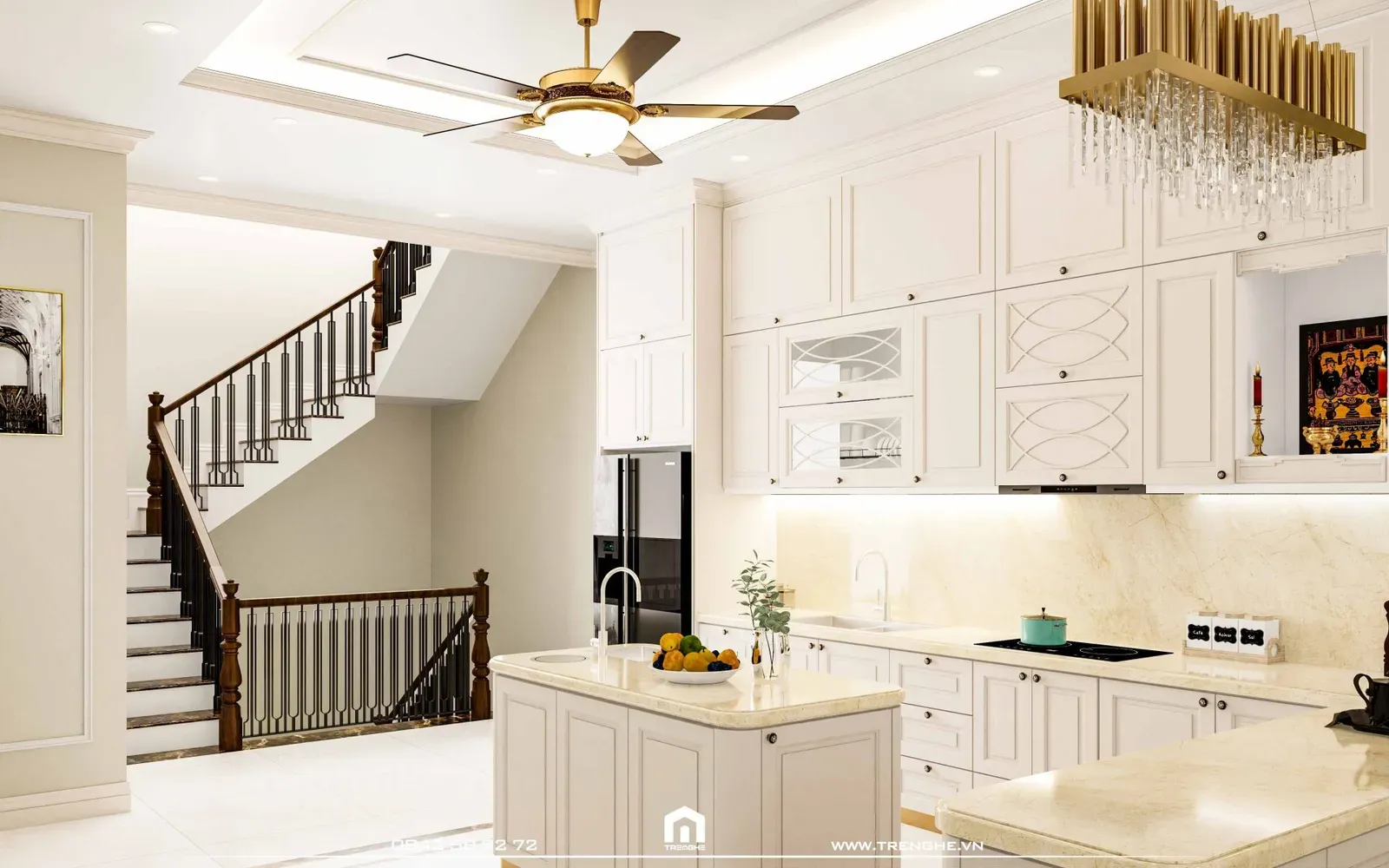 Đảo bếp mini và hệ kệ tủ tối đa diện tích lưu trữ tại H’ House