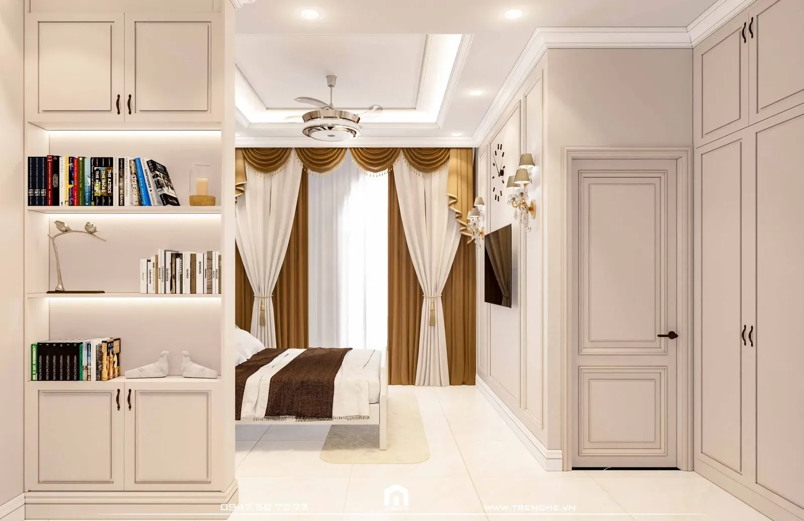 Hệ kệ tủ chạy phào chỉ đơn giản sang trọng tại phòng ngủ H’ House