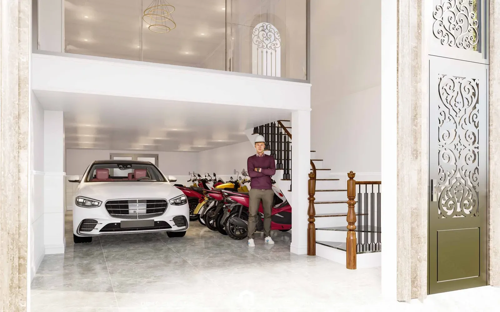 Sảnh đỗ xe ô tô và xe máy tại H’ House