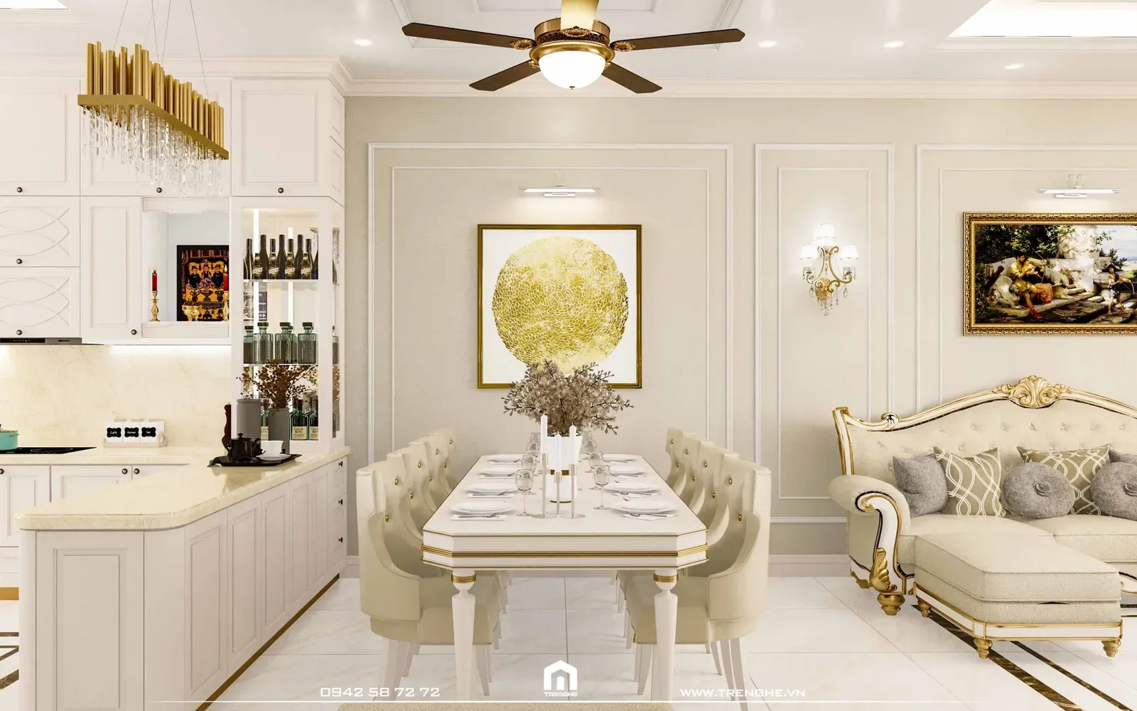 Ghế tựa bọc da và bàn ăn mặt đá tại gian bếp H’ House