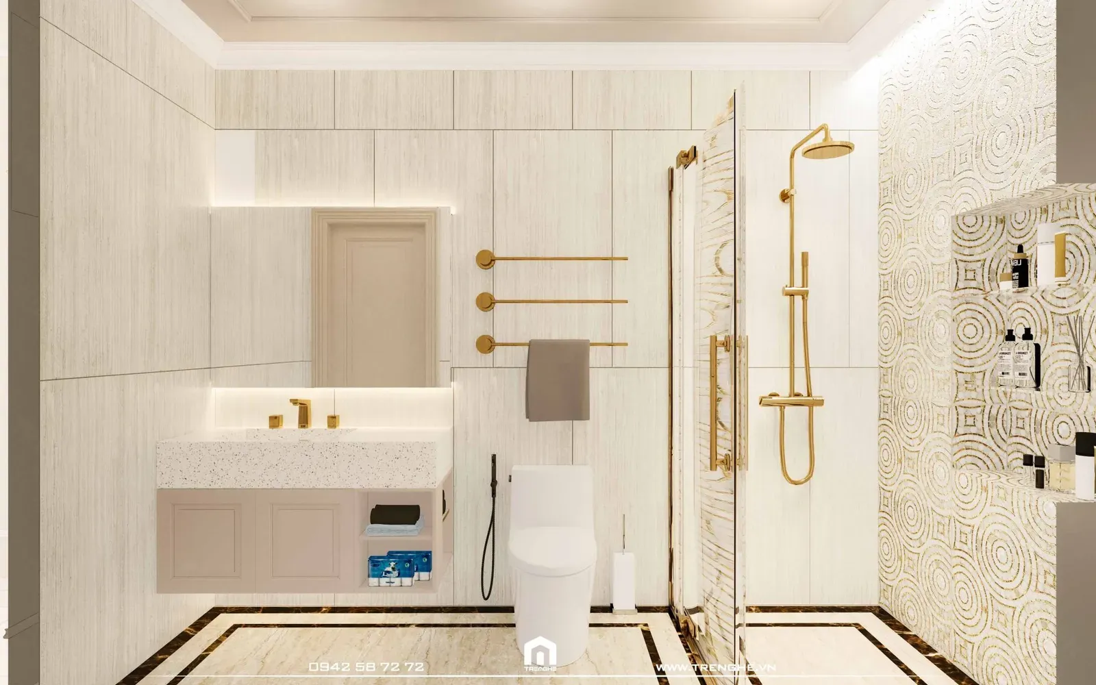 Tre Nghệ ốp gạch cho một phần tường và toàn bộ sàn phòng tắm H’ House