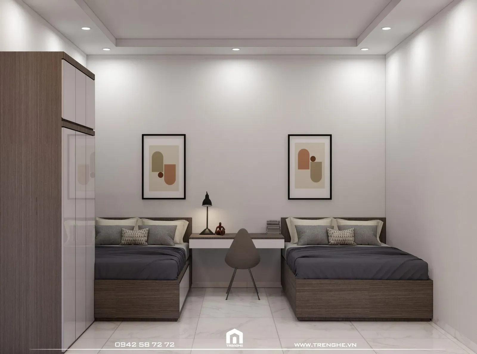 Phòng ngủ cho 2 bé tại H’ House Chu Hải được Tre Nghệ bố trí 2 chiếc giường cỡ nhỏ