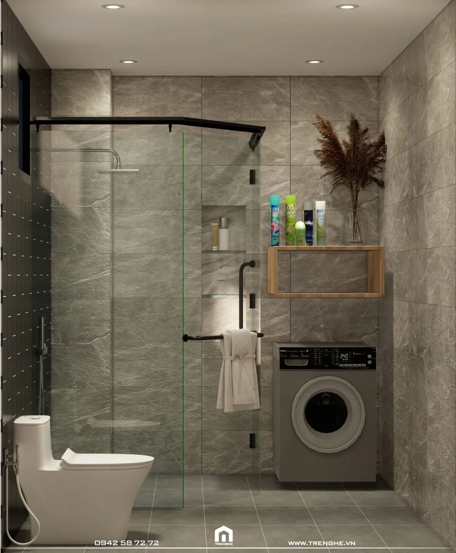 Tre Nghệ ốp gạch toàn bộ cho sàn và tường nhà vệ sinh H’ House