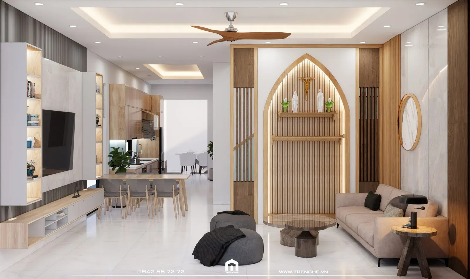 Vách ngăn phòng khách H’ House Chu Hải được tận dụng làm khu vực thờ