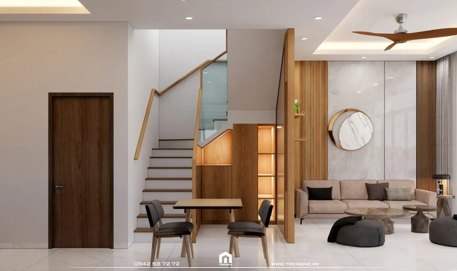 Khu vực bàn ăn đặt đối diện cầu thang nhà phố H’ House