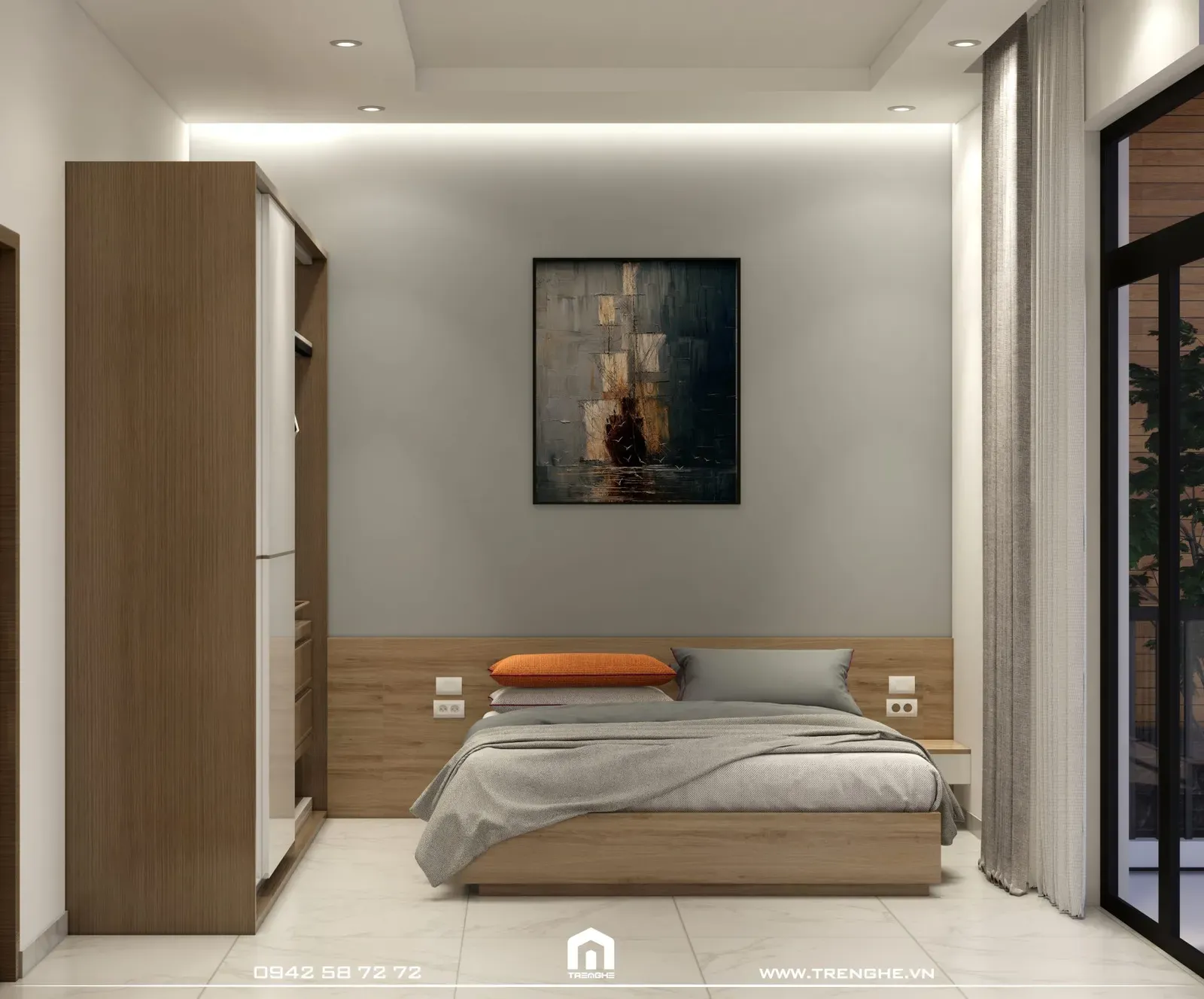 Tre Nghệ bố trí giường ngủ và tủ quần áo gỗ tại phòng ngủ H’ House