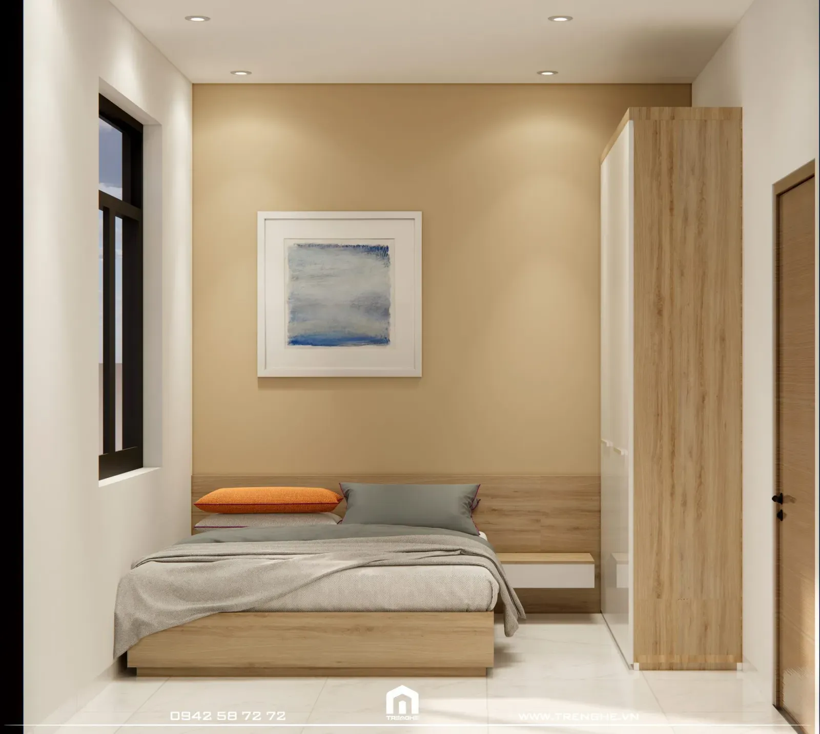 Hệ màu bên trong phòng ngủ H’ House được Tre Nghệ kết hợp giữa nâu ấm và trắng