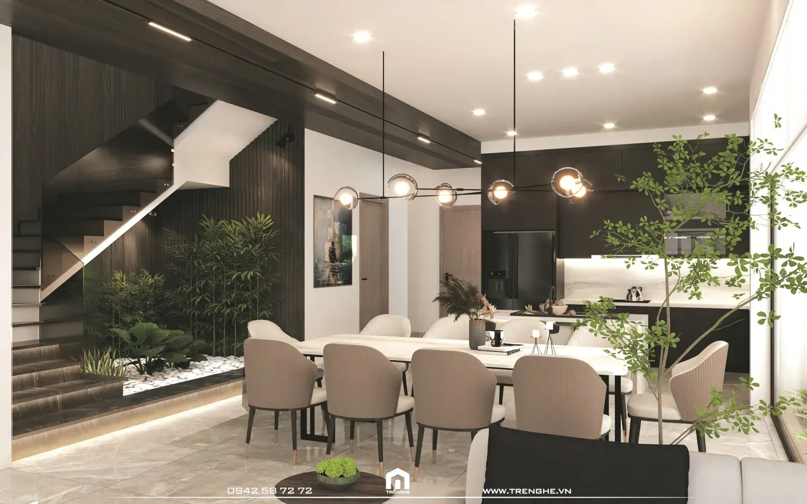 Tre Nghệ tạo không gian mở tại khu vực bếp và bàn ăn biệt thự H’ Villa