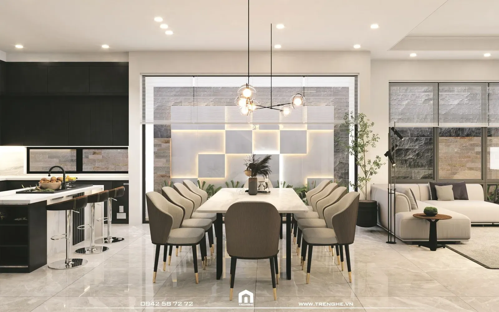 Bàn ăn biệt thự H’ Villa được đặt đối diện vách kính lớn để đón ánh sáng tự nhiên