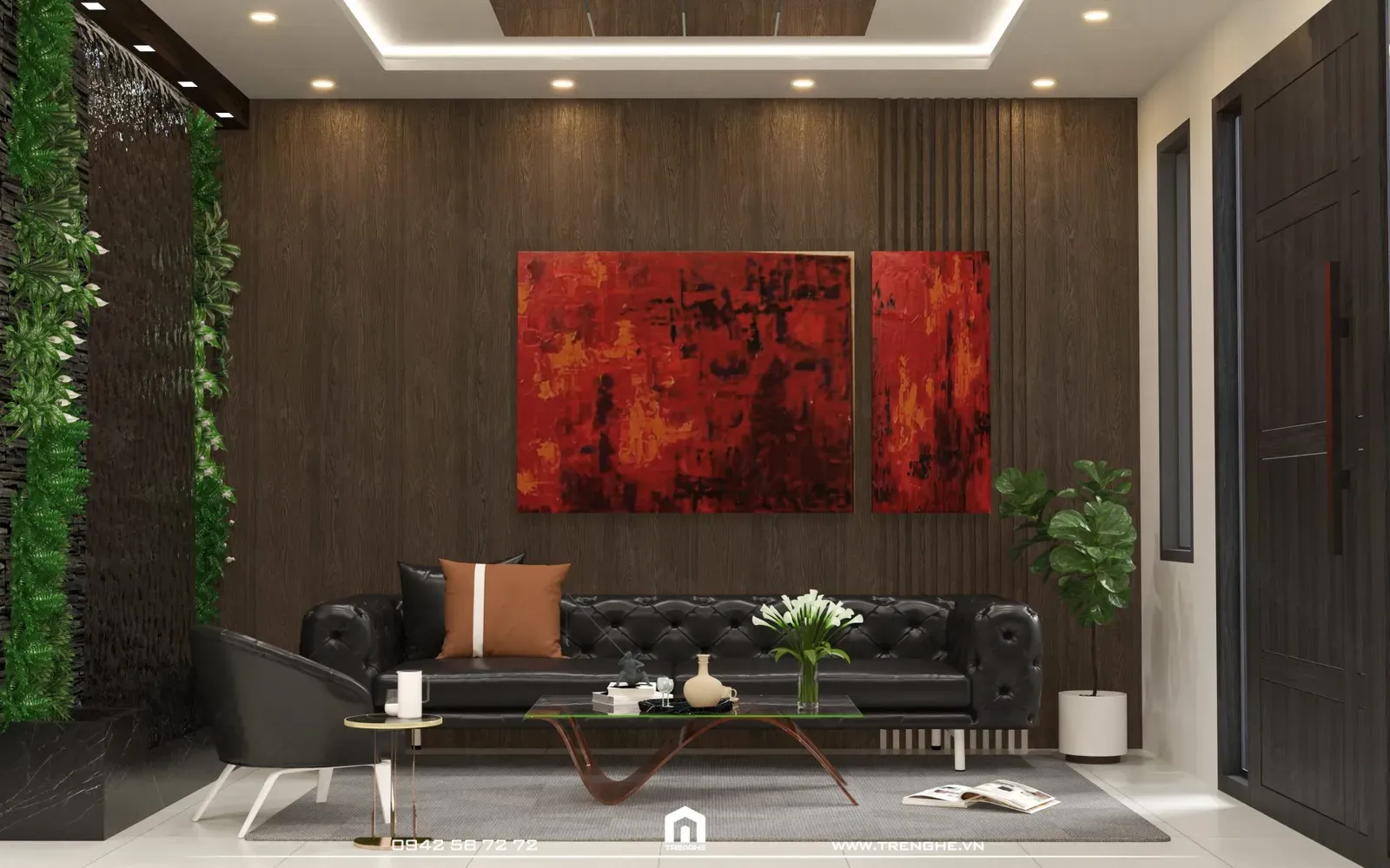 Thác nước mini được thiết kế ngay trong không gian phòng khách