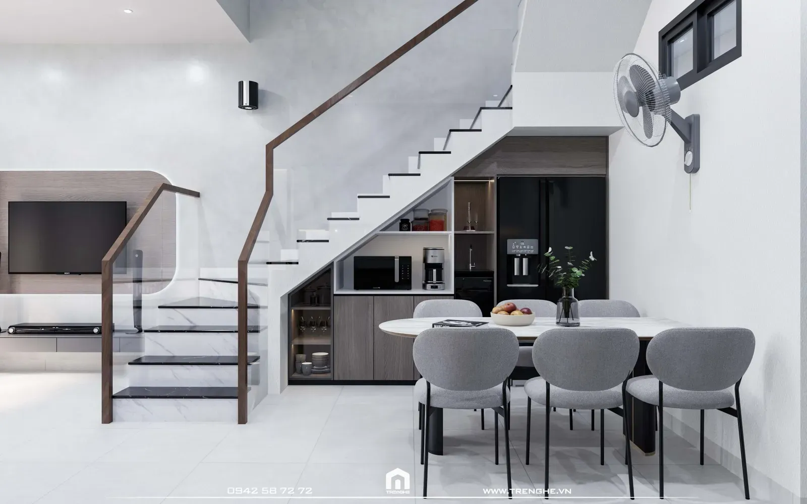 Khu vực dưới gầm cầu thang được tận dụng lắp đặt các hệ tủ, sử dụng cho cho các vật dụng cần thiết