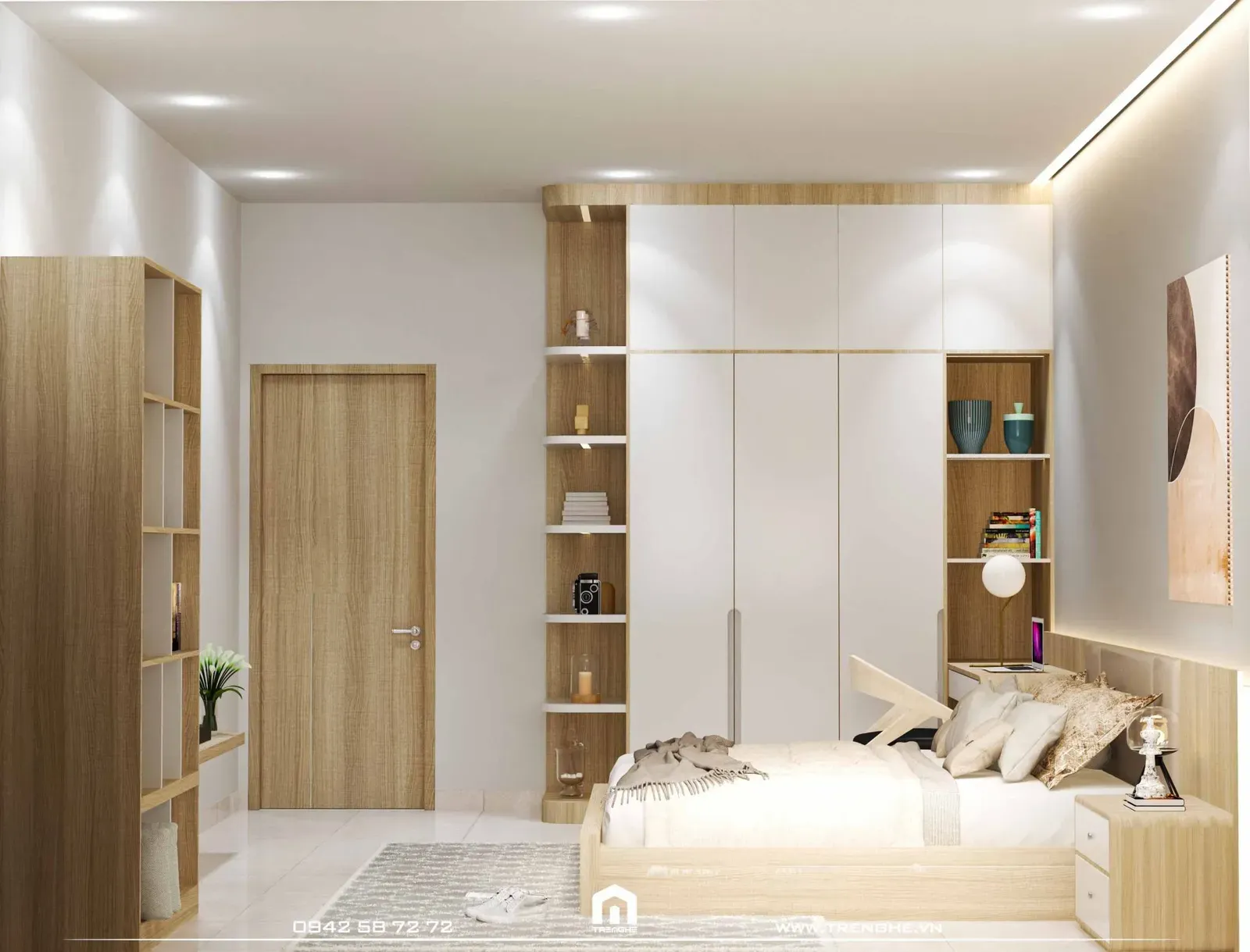 Tre Nghệ bố trí bàn làm việc và hệ tủ kệ kịch trần