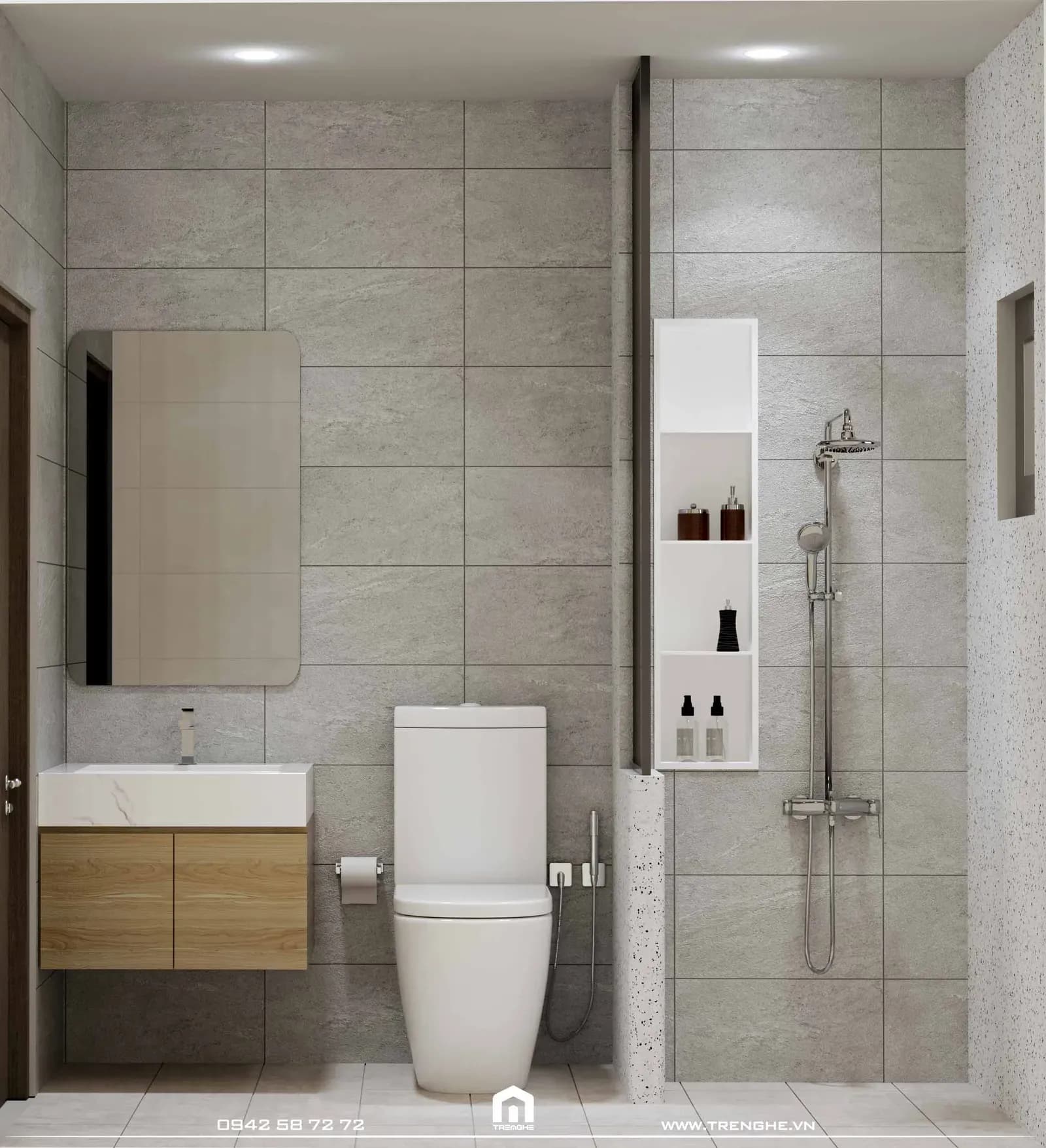 Không gian phòng tắm L’ House được ốp gạch toàn bộ sàn và tường