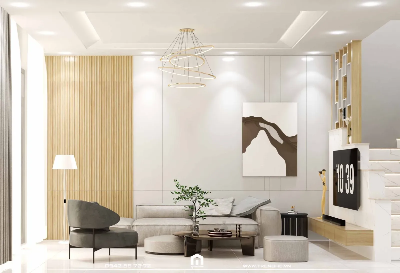 Không gian phòng khách L’ House tiện nghi với gam màu nhã nhặn