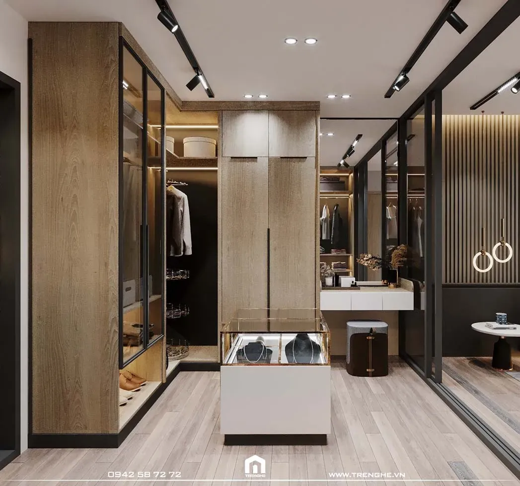 Hệ tủ gỗ và sàn gỗ cao cấp được Tre Nghệ lắp đặt tại phòng thay đồ L’ Villa