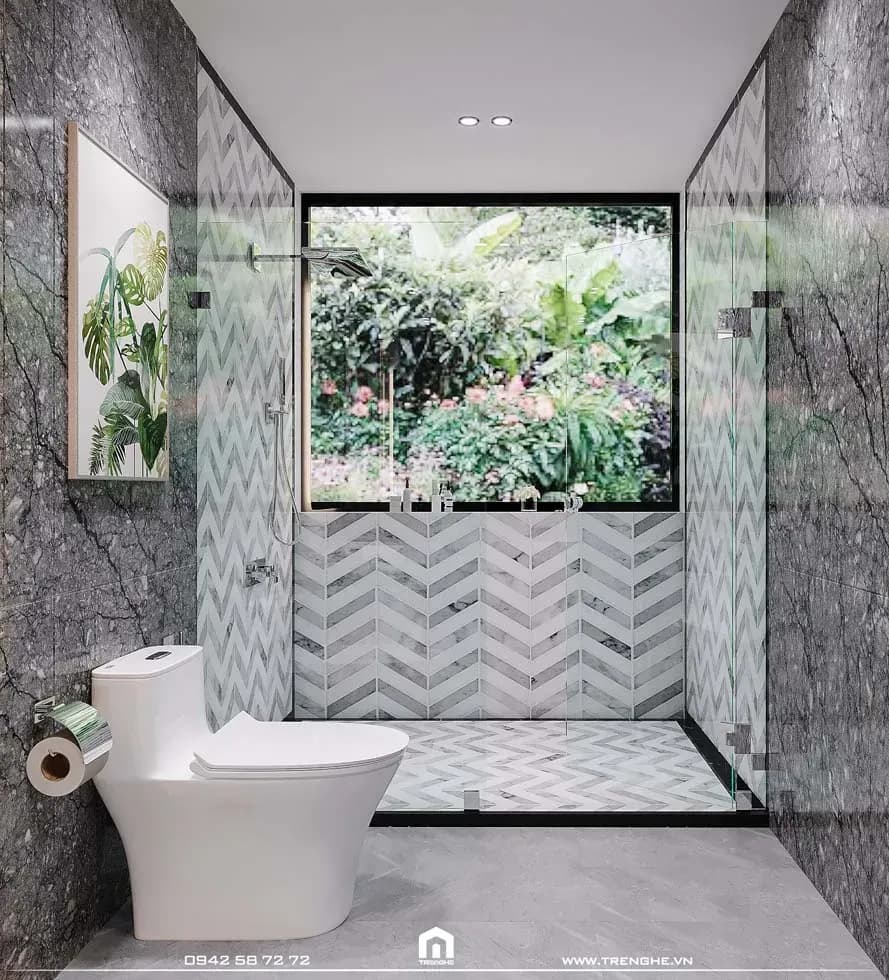 Phòng vệ sinh L’ Villa được ốp gạch hoàn thiện tường và sàn