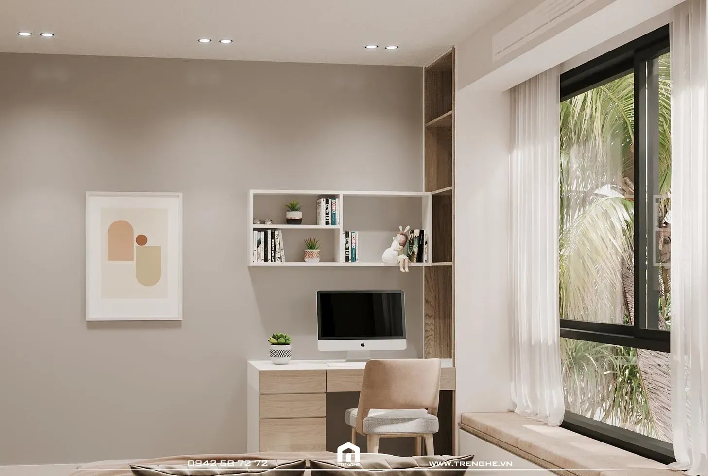 Bàn học và hệ tủ kệ tại phòng ngủ L’ Villa