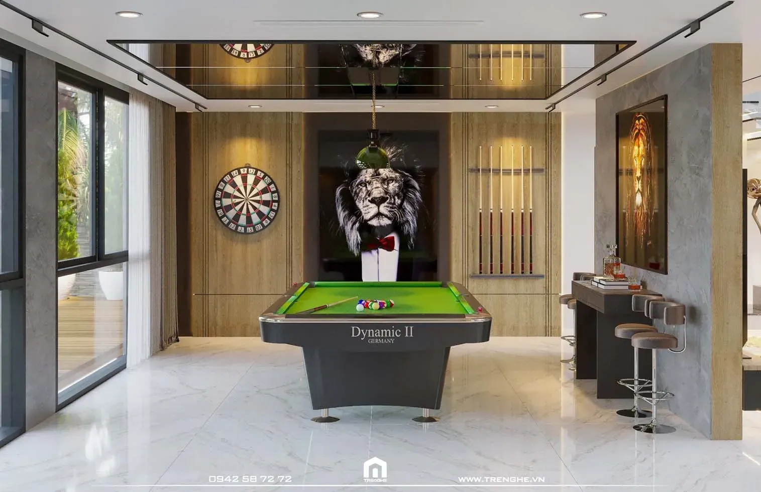 Tre Nghệ bố trí ghế ngồi và quầy rượu tại khu vực bàn billiard