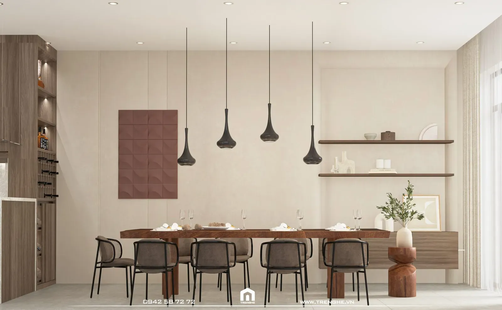 Khu vực bàn ăn dài tại gian bếp L’ House Hòa Long