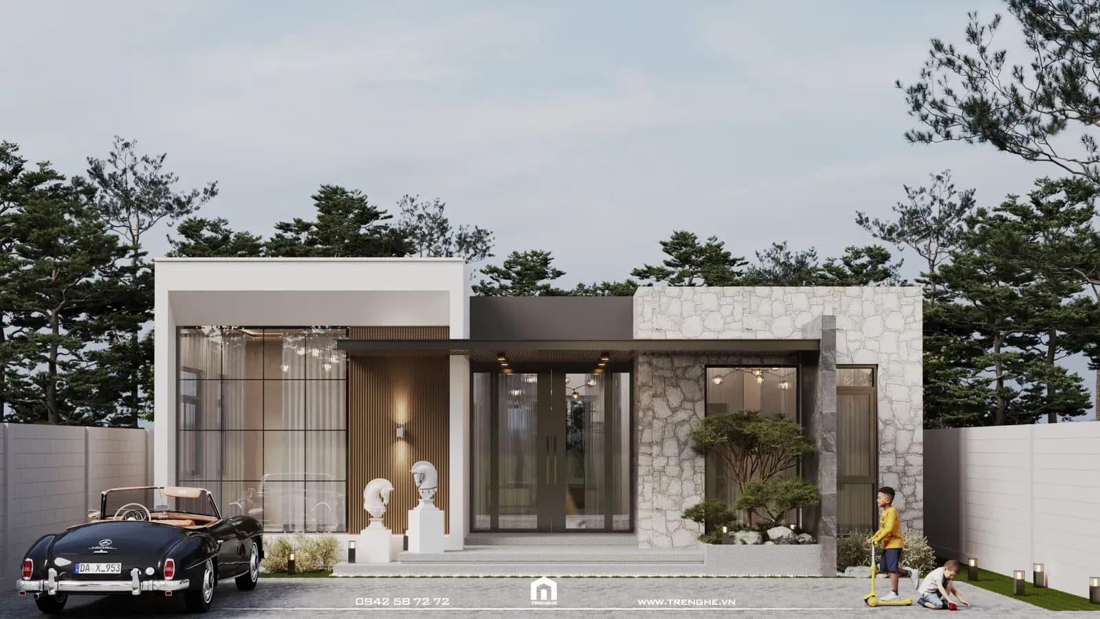 Nhà vườn P’ House sử dụng gam màu chủ đạo trắng, xám và nâu