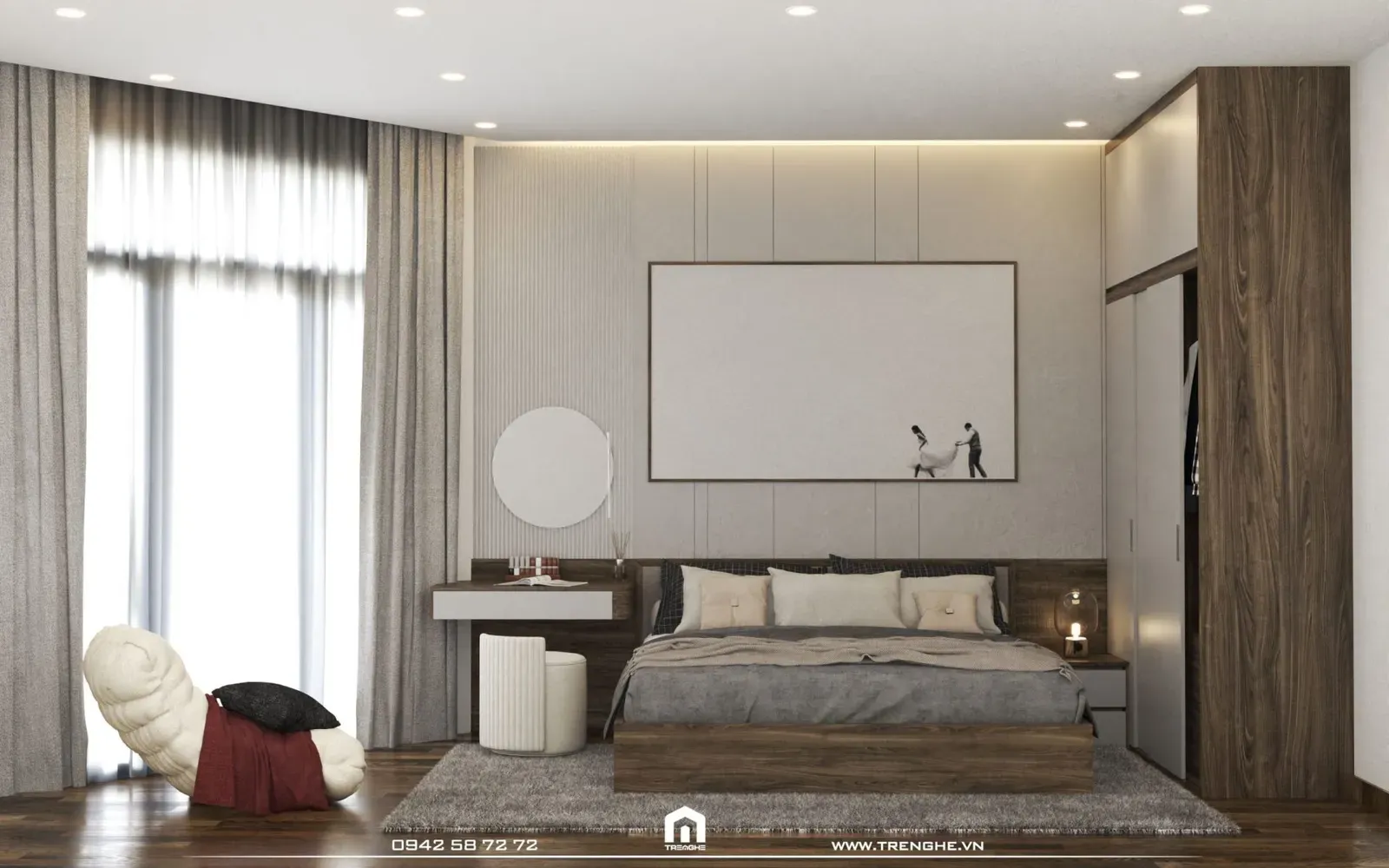 Phòng ngủ sử dụng vật liệu chủ đạo là gỗ để mang đến cảm giác sang trọng và ấm cúng