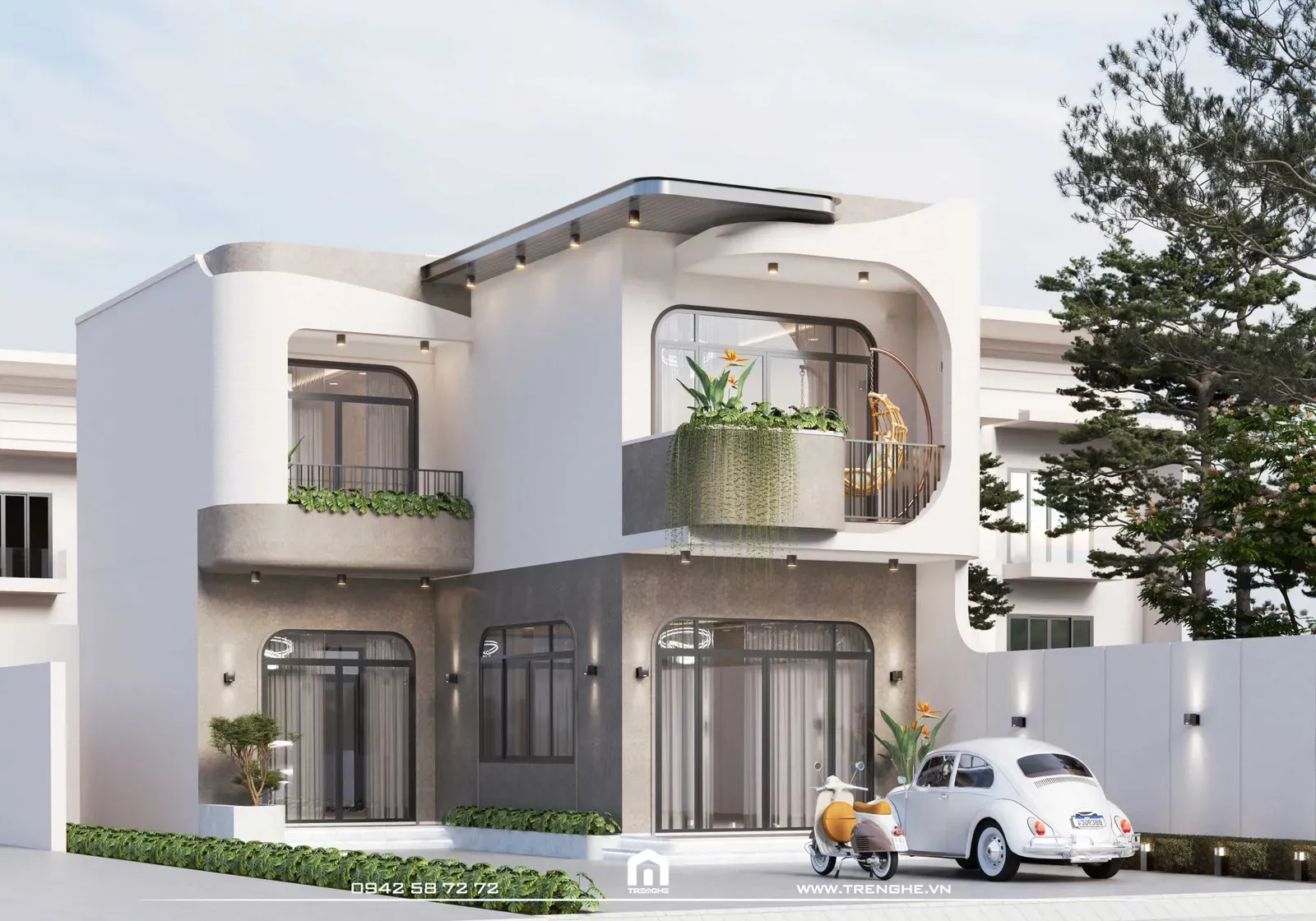 Nhà phố 2 tầng T’ House nổi bật với những đường cong mềm mại và gam màu trắng chủ đạo