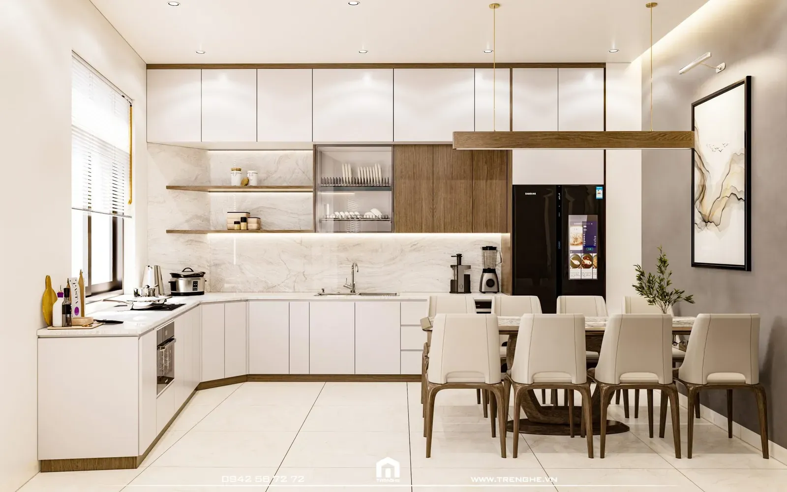 Gian bếp tiện nghi sử dụng hệ thống nội thất màu be và trắng tại nhà phố D’ House