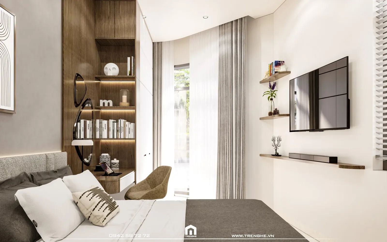 Cửa sổ lớn giúp phòng ngủ luôn tràn ngập ánh sáng và sinh khí