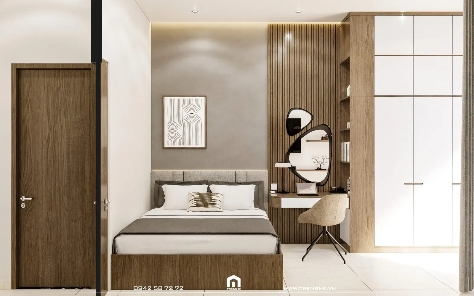 Phòng ngủ phụ có diện tích nhỏ hơn nhưng sở hữu trang thiết bị nội thất tiện nghi