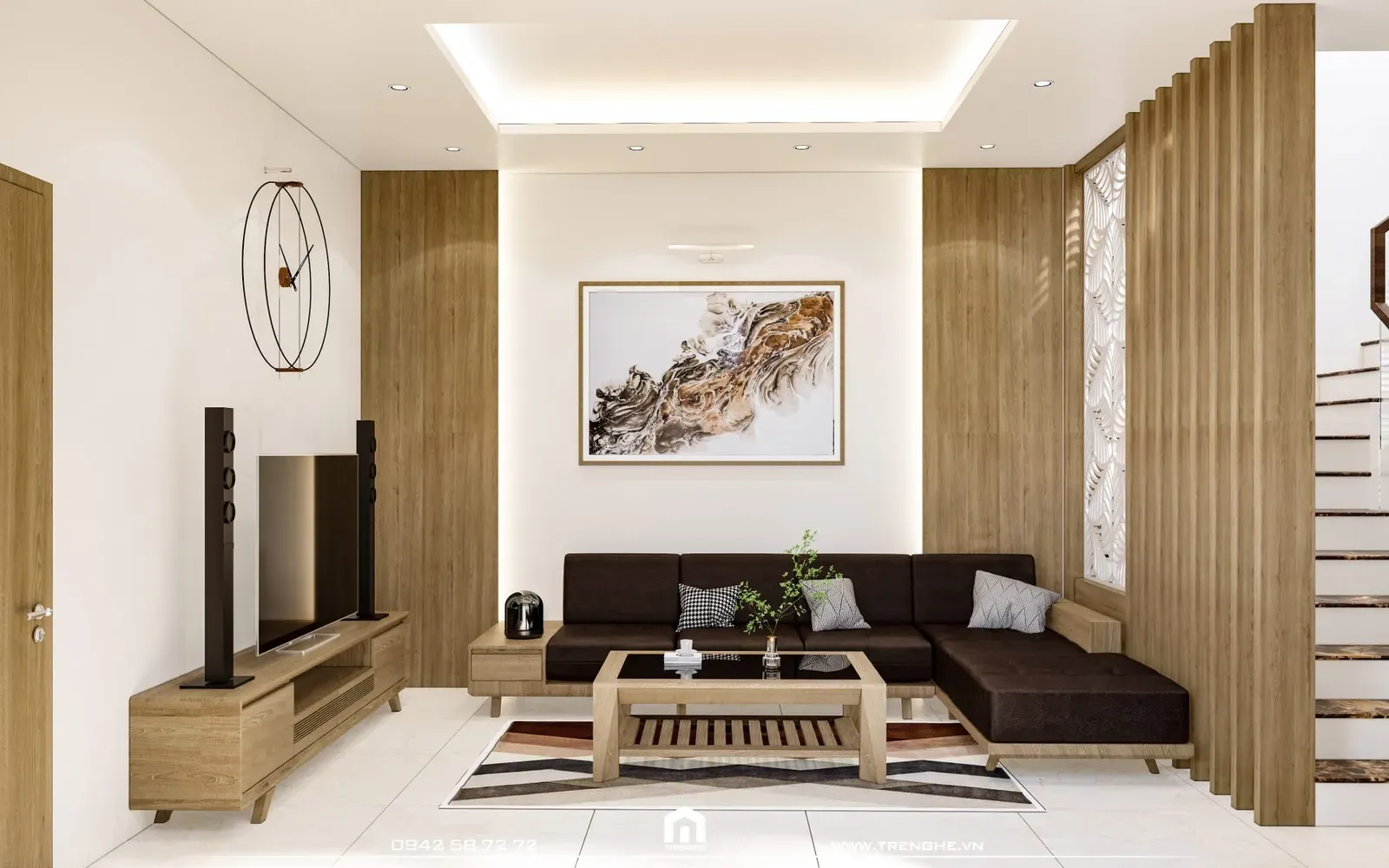 Phòng khách nhà phố D’ House sử dụng vật liệu gỗ làm chủ đạo