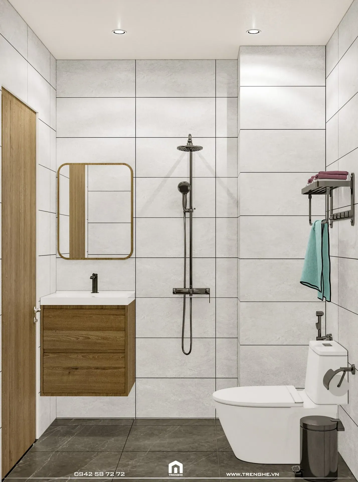 Tre Nghệ sử dụng gam màu trắng và đen để tạo sự tương phản và giúp phòng vệ sinh luôn sạch sẽ