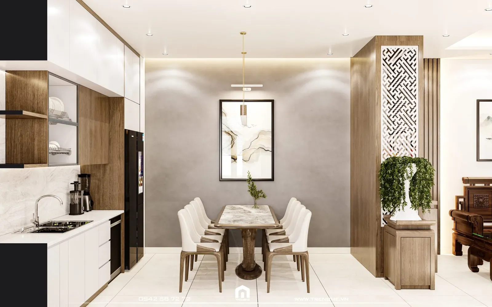 Tranh treo tường và hệ thống cây xanh cũng được lắp đặt tại nhà phố D’ House