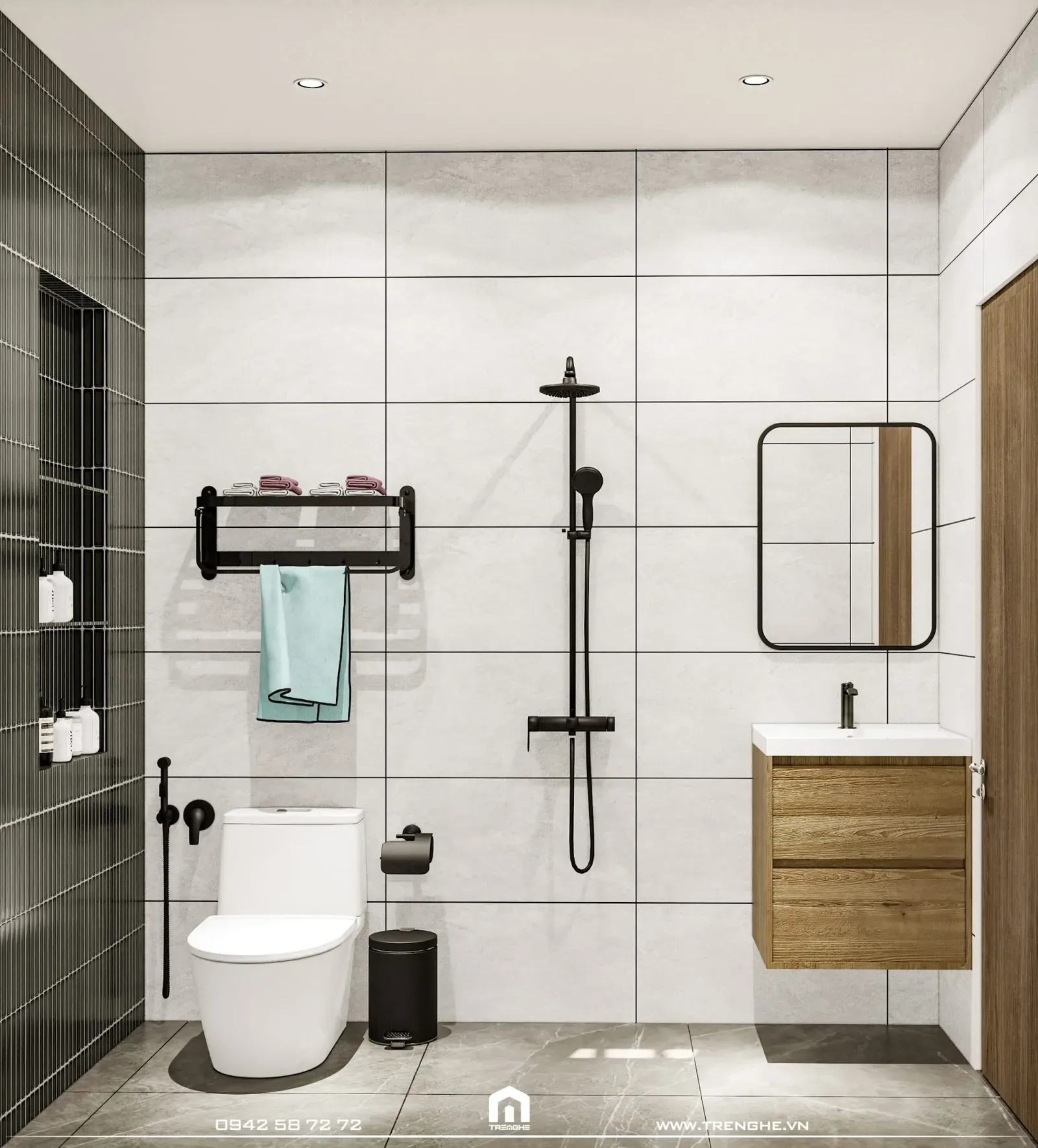 Khu vực vệ sinh và phòng tắm đứng được ngăn cách để không gian luôn khô thoáng