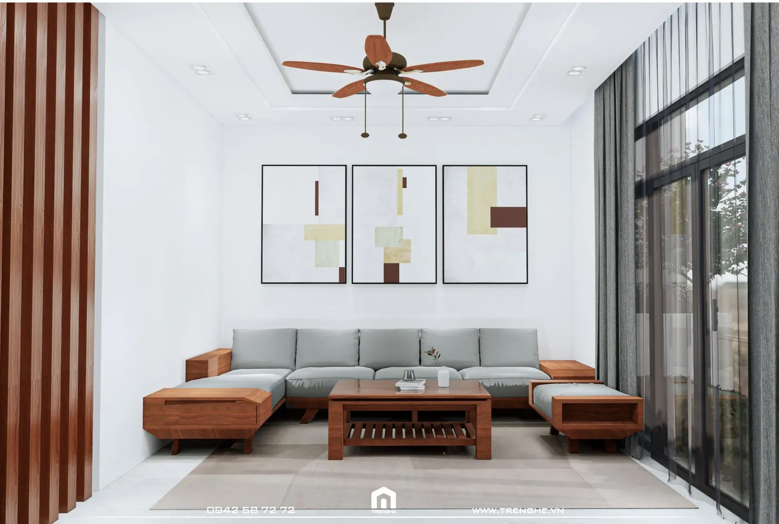 Bộ sofa vải màu xám khung gỗ nổi bật giữa phòng khách