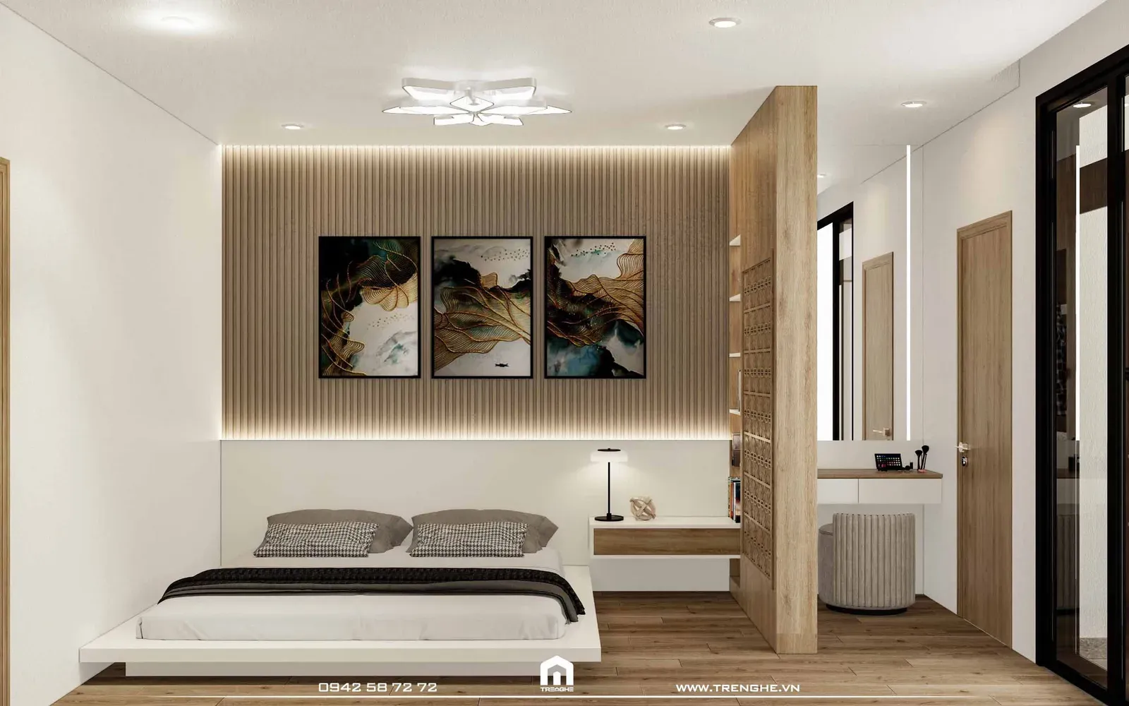 Phòng ngủ master nhà phố G’ House sử dụng vật liệu gỗ chủ đạo